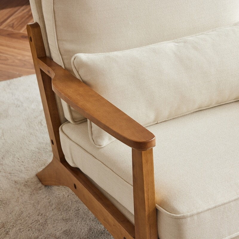 Poltrona d’accento imbottita in misto lino con gambe in legno e un cuscino, beige