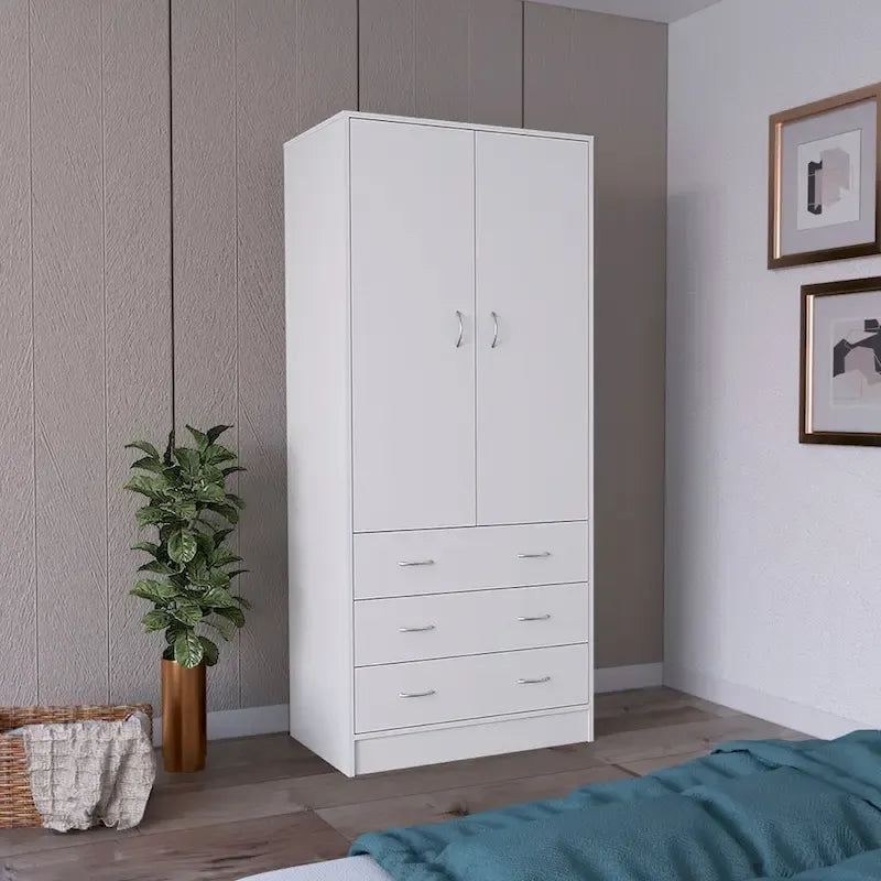 Armoire moderne à deux portes avec 3 tiroirs et 1 tringle pour chambre