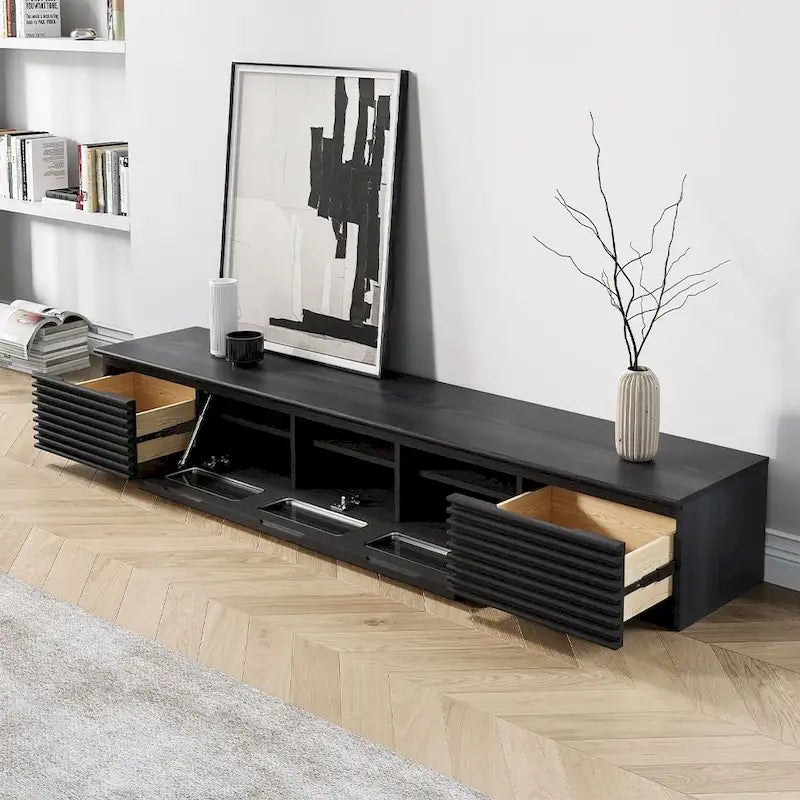 Meuble TV minimaliste avec tiroirs, console multimédia en bois massif avec placards, porte basculante, placage noyer, entièrement assemblée