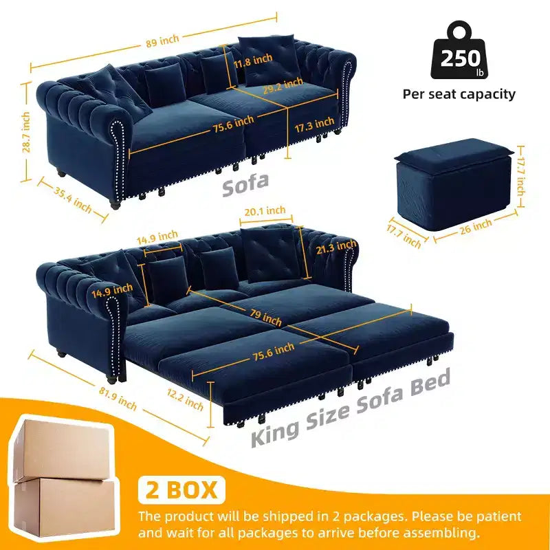 Canapé-lit escamotable et convertible Whisen en velours, format très grand lit, 3-en-1, avec ottoman amovible et design capitonné