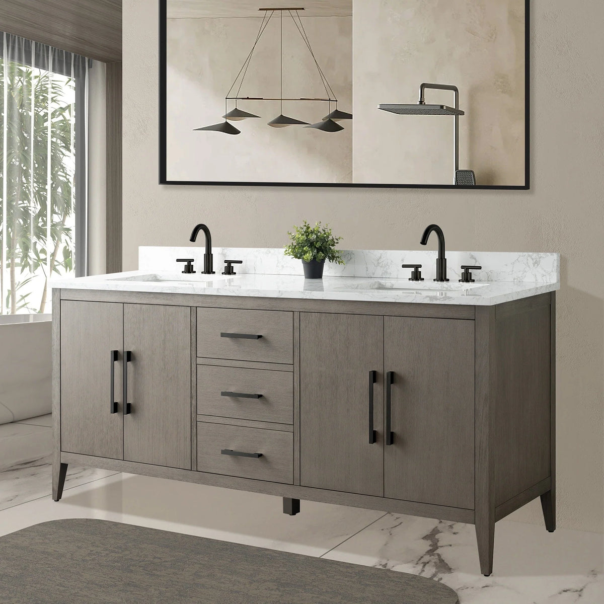 Meuble-lavabo Vanity Art 72 à double vasque avec plateau en marbre reconstitué