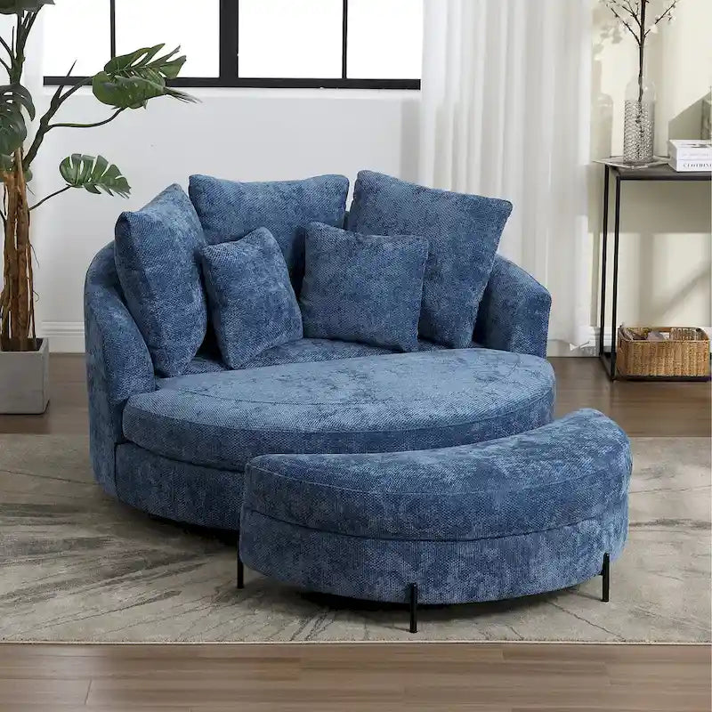 Fauteuil tonneau moderne rond avec 5 coussins et pouf en option