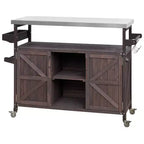 Îlot de cuisine extérieur Okak avec plateau en acier inoxydable, desserte de cuisine en bois avec portes, étagères et porte-épices, îlot de cuisine à roulettes
