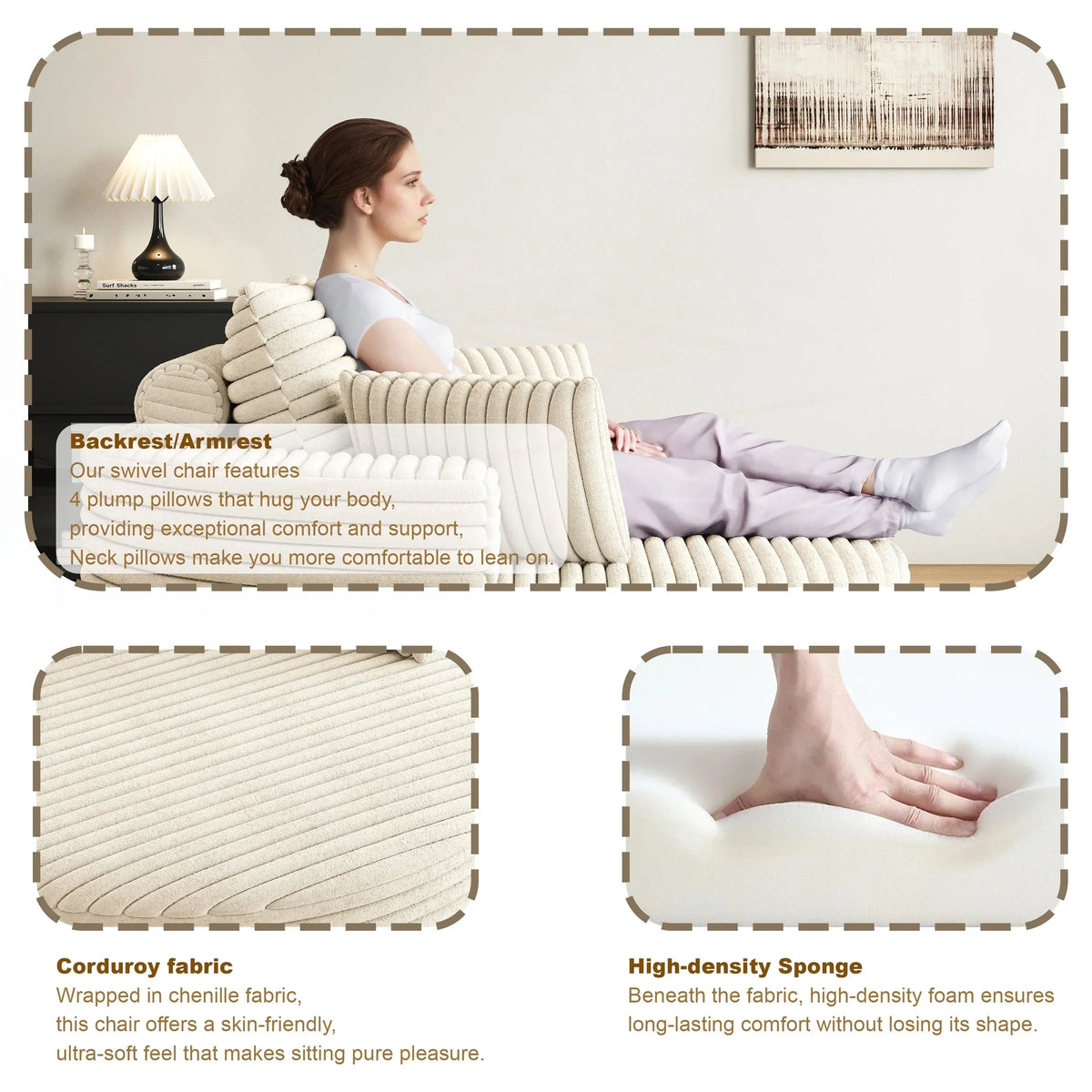 Fauteuil pivotant individuel en mousse et chenille côtelée