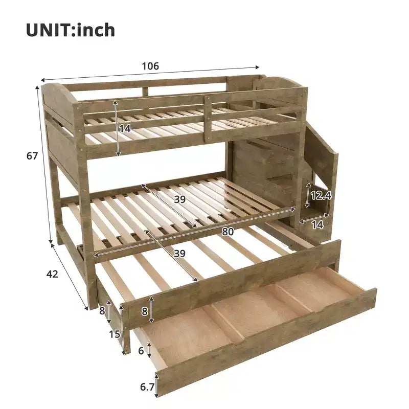 Letto a castello Whisen Twin XL con letto estraibile, contenitore, legno massello, scala contenitore, armadio e 3 cassetti, per bambini