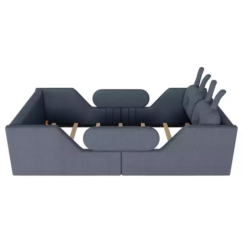 Letto a piattaforma singolo Whisen, struttura imbottita per letto a terra per bambini con cuscino a forma di coniglio e sponde laterali rimovibili