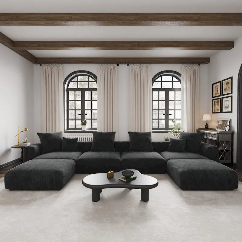 Grand canapé d’angle modulable en velours côtelé, en U, 4 places, avec 2 poufs et 5 coussins