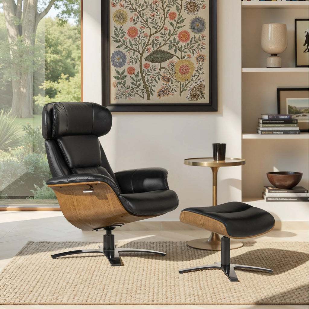 Fauteuil inclinable Jovan 31,5 en cuir véritable avec pouf