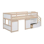 Letto soppalcato singolo Okak in legno massello con scale e spazio contenitore, letto a castello singolo basso con cassetti e ripiani, letto soppalcato multifunzionale per bambini e ragazzi