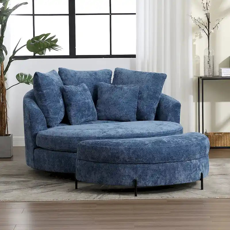 Fauteuil tonneau moderne rond avec 5 coussins et pouf en option