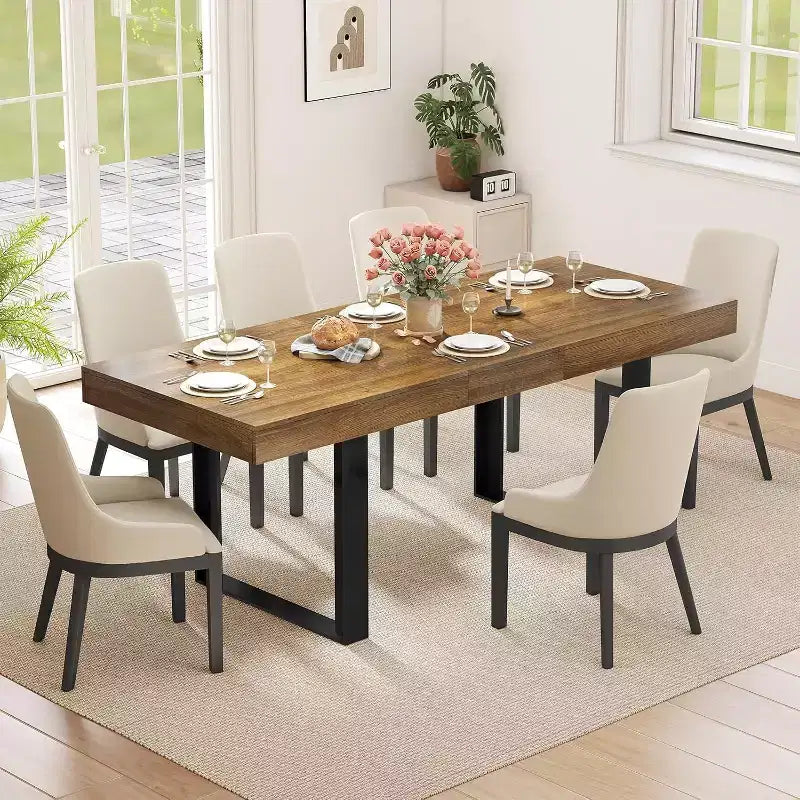 Table à manger extensible Zevemomo de 63 à 78,7 pouces, table de cuisine rectangulaire pour 6 à 10 personnes avec rail métallique et pieds coniques en U pour salle à manger ou bureau - Marron