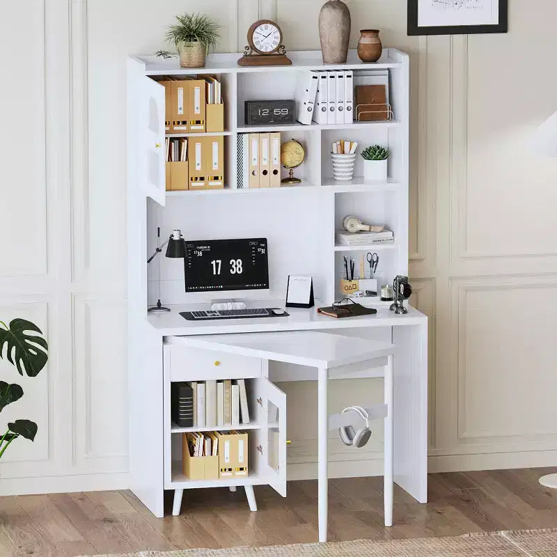 Scrivania moderna in legno per home office Okak con piano/sedia e libreria, scrivania da studio con spazio per adolescenti e studenti, per studio e ufficio