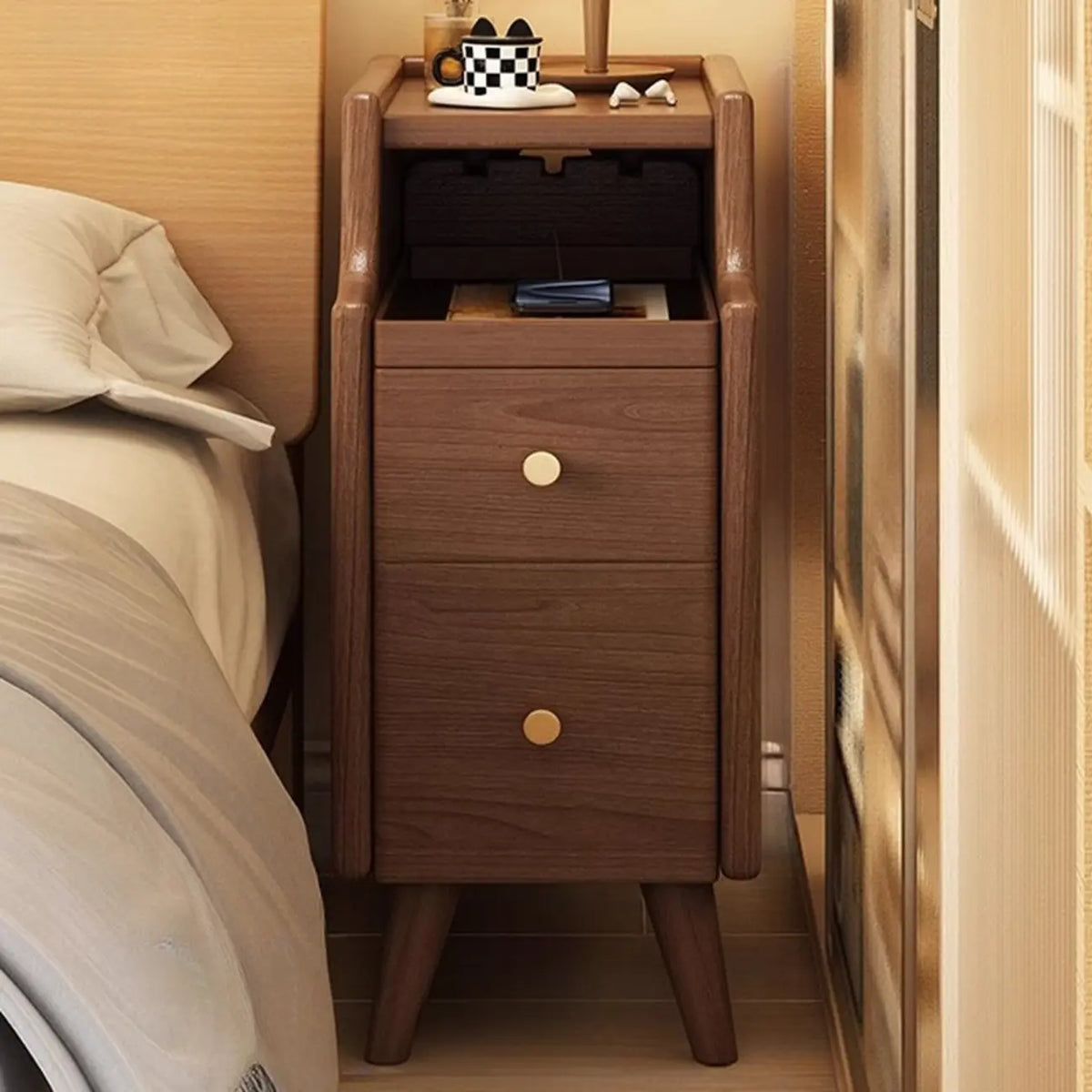 Table de chevet étroite en bois blanc avec 2 étagères