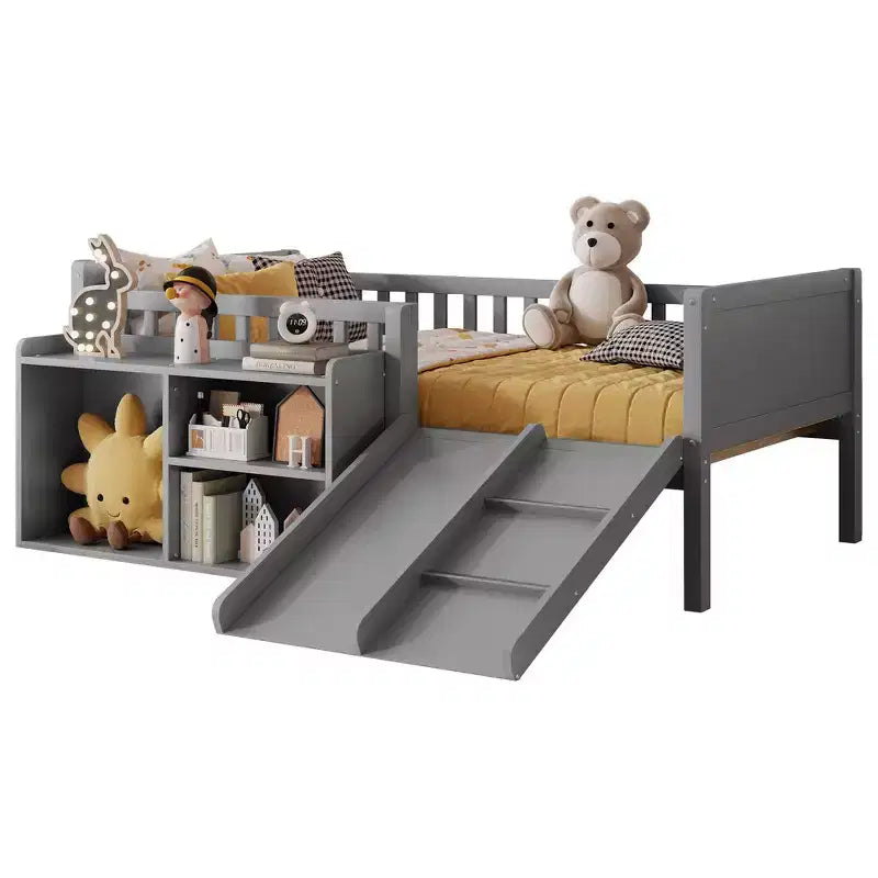 Cadre de lit mezzanine bas Whisen 1 place pour enfants avec toboggan, bibliothèque de rangement mobile et barrières de sécurité