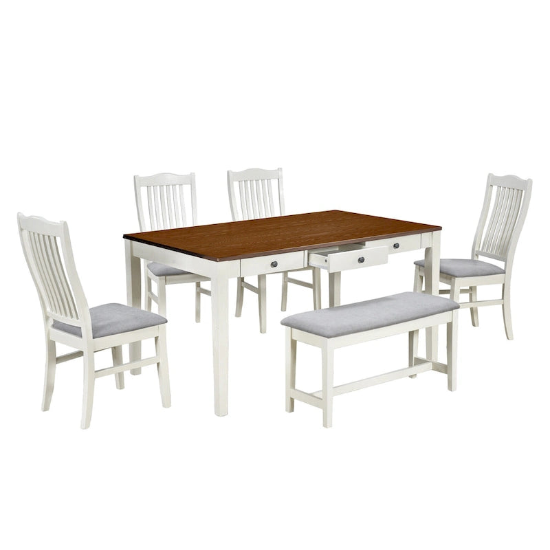 Set da pranzo in legno da 6 pezzi con 4 sedie e panca, tavolo con cassetto