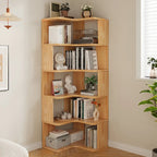 Libreria verticale in legno a forma di L con finitura naturale e schienale aperto