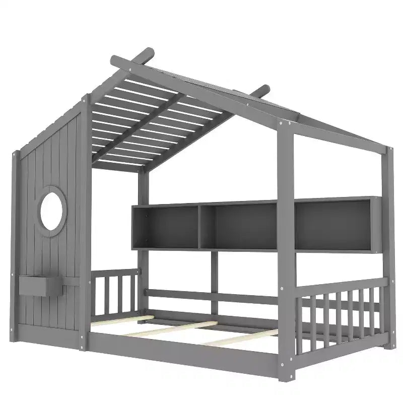 Cadre de lit plateforme en forme de maison, format une place et demie/double, lit cabane au sol pour tout-petit, lit Montessori pour enfant, lit maison de jeu avec étagère de rangement – ModernLuxe