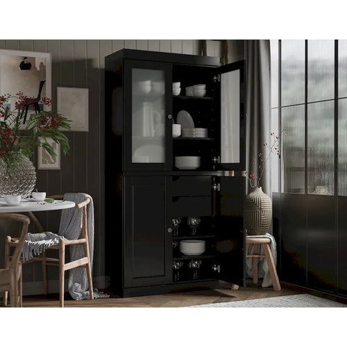 Meuble garde-manger 100 % en bois massif avec portes en verre dépoli, portes pleines, 2 tiroirs et étagères réglables