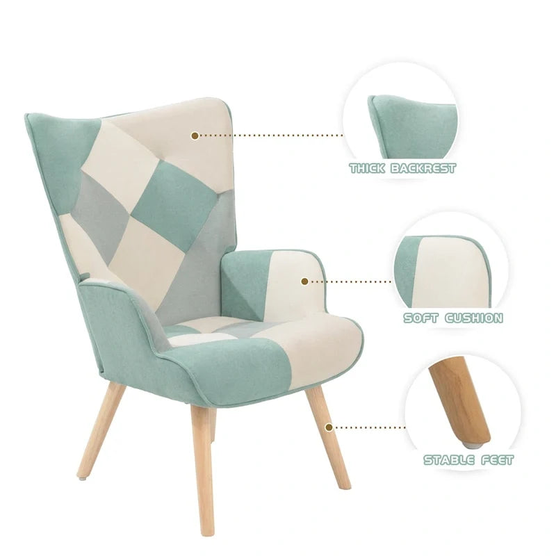 Fauteuil d’appoint avec pouf, ensemble fauteuil et pouf pour le salon, fauteuil d’appoint confortable avec accoudoirs pour la chambre, revêtement en tissu à motifs créatifs