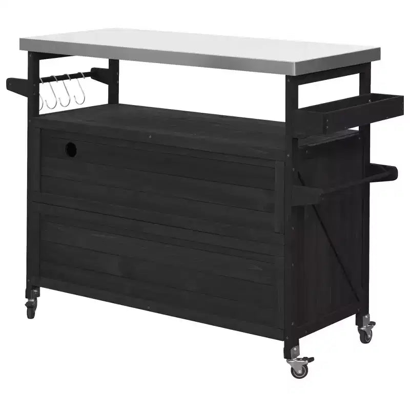 Îlot de cuisine extérieur Okak avec plateau en acier inoxydable, desserte de cuisine en bois avec portes, étagères et porte-épices, îlot de cuisine à roulettes