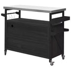 Îlot de cuisine extérieur Okak avec plateau en acier inoxydable, desserte de cuisine en bois avec portes, étagères et porte-épices, îlot de cuisine à roulettes