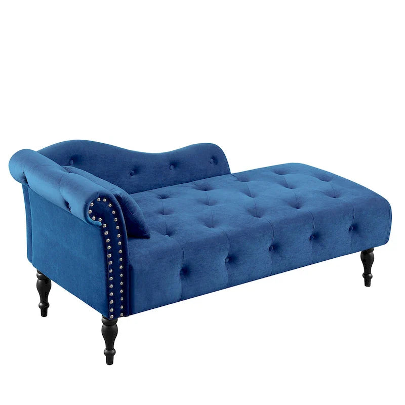Chaise longue moderna da 60,6" in velluto con bottoni trapuntati, gambe in legno massello e borchie decorative