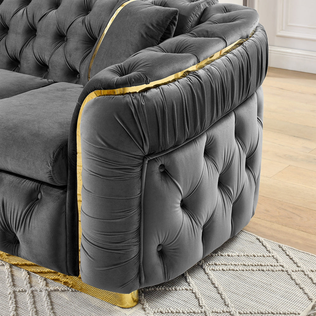 Canapé 3 places en velours de 90,6 avec 2 coussins, coussins haute densité, accents dorés et oreillers