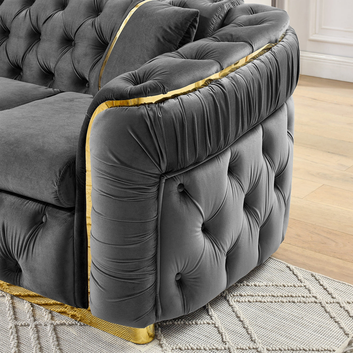 Canapé 3 places en velours de 90,6 avec 2 coussins, coussins haute densité, accents dorés et oreillers