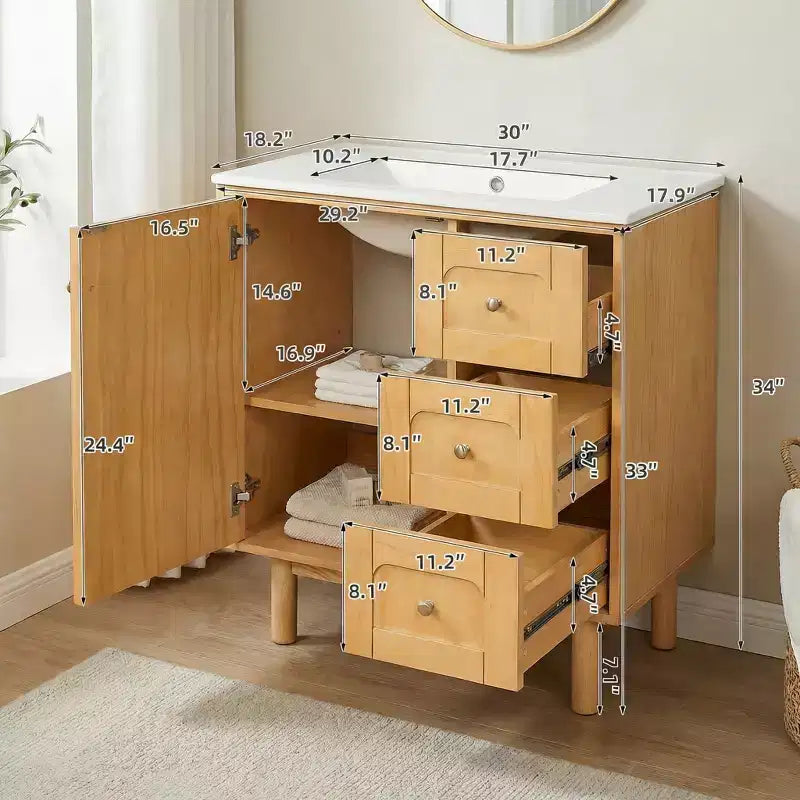 Meuble-lavabo en céramique JVNOXK de 30 po, style rustique moderne, avec 3 tiroirs et 1 grande porte à fermeture amortie, meuble de rangement à grain de bois naturel