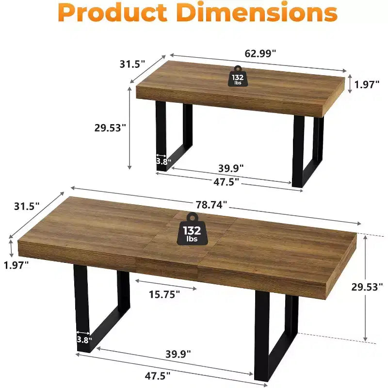 Table à manger extensible Zevemomo de 63 à 78,7 pouces, table de cuisine rectangulaire pour 6 à 10 personnes avec rail métallique et pieds coniques en U pour salle à manger ou bureau - Marron