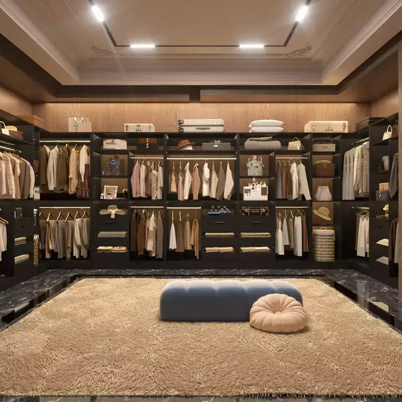 Ensemble Besiost de 3 éléments pour dressing d’angle avec étagères en colonne et tiroirs, organisateur de dressing autoportant avec tringles