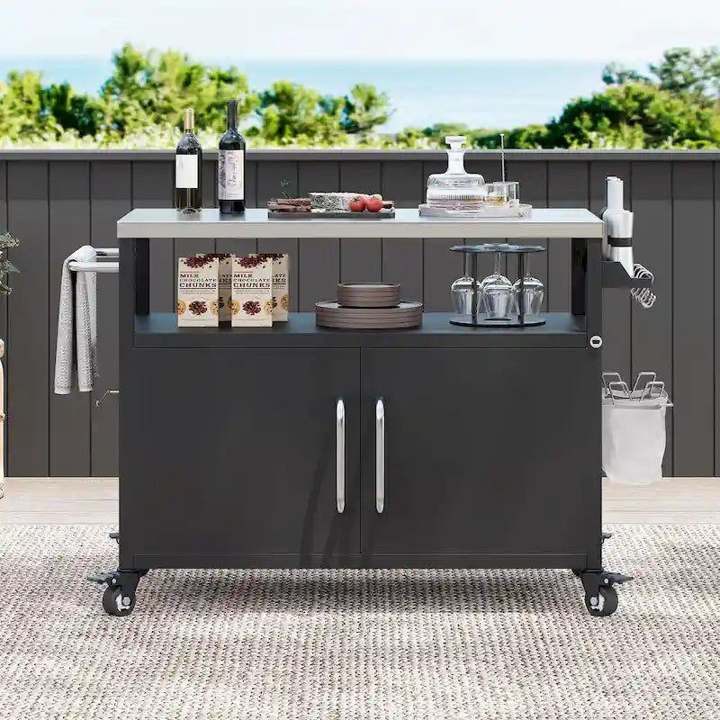Îlot de cuisine extérieur avec plateau en acier inoxydable, chariot de gril en métal avec meuble de rangement - N/A