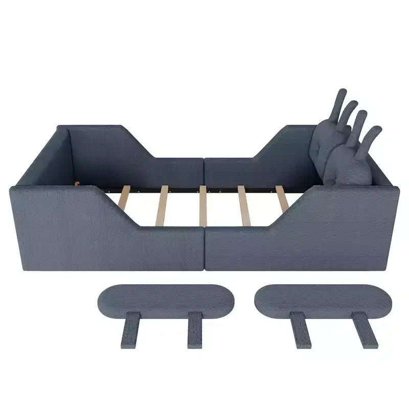 Letto a piattaforma singolo Whisen, struttura imbottita per letto a terra per bambini con cuscino a forma di coniglio e sponde laterali rimovibili
