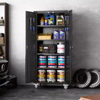 Armadio contenitore da garage con ruote e pannello portautensili, armadio metallico con serratura da 72 H, 2 ante e 4 ripiani regolabili per garage e officina