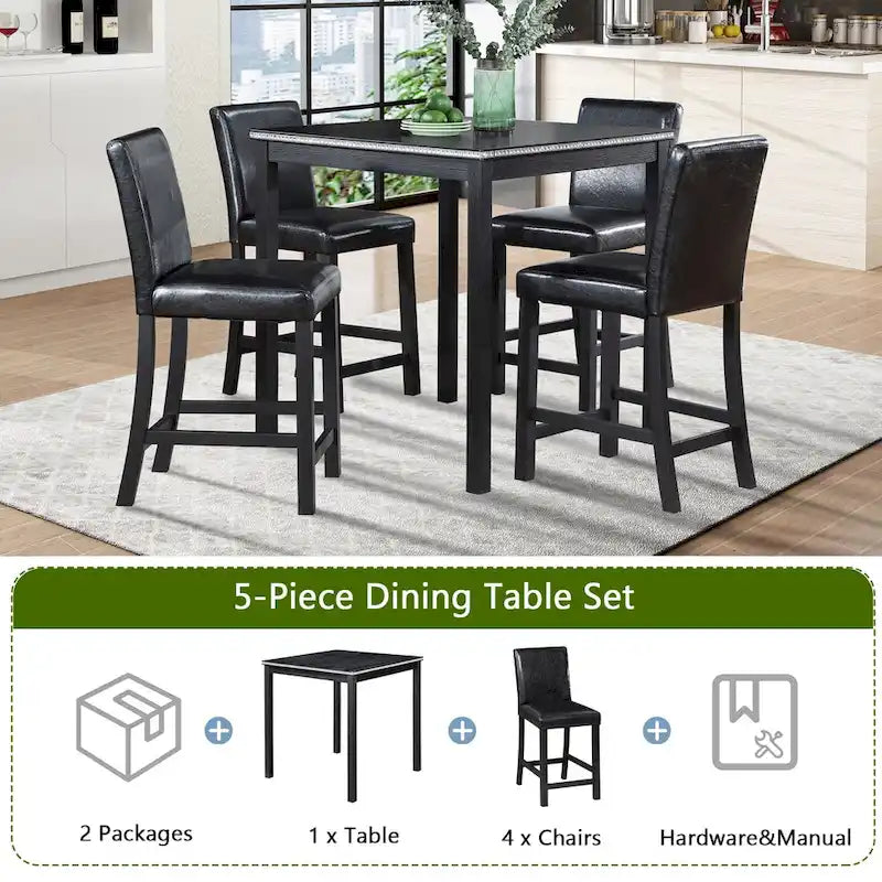 Set da pranzo moderno da 5 pezzi con tavolo quadrato ad altezza bancone e 4 sedie imbottite