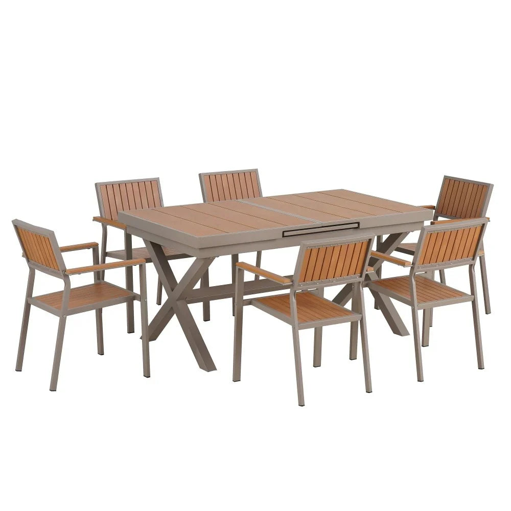 Set da pranzo moderno da esterno da 7 pezzi con sei sedie e un tavolo allungabile per il patio