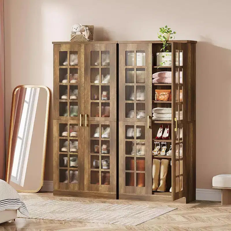Meuble à chaussures haut Lantine avec portes, rangement à chaussures à 8 niveaux avec étagères réglables, meuble à chaussures moderne pour entrée, placard ou salon, blanc