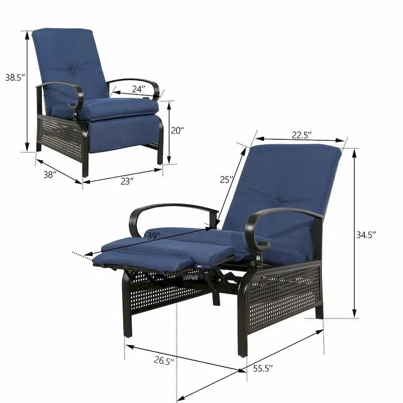 Poltrona reclinabile regolabile da giardino con cuscino - 38 (D) x 26.5 (W) x 38.5 (H) INCH