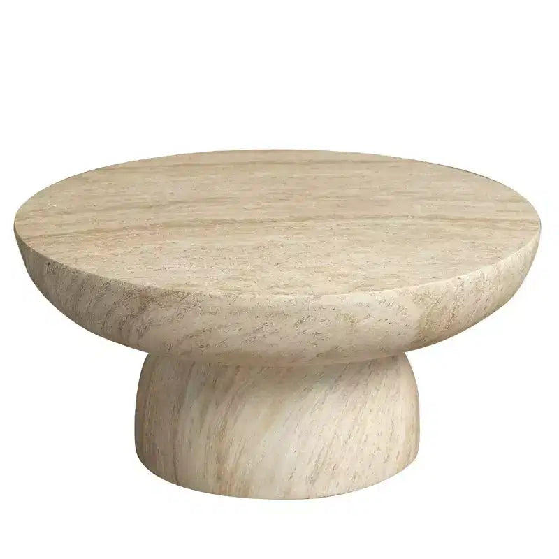 Tavolino da caffè rotondo LeisureMod Lunexa, tavolino decorativo con base a piedistallo in Fiberstone per uso interno o esterno, design scolpito con piedini antiscivolo