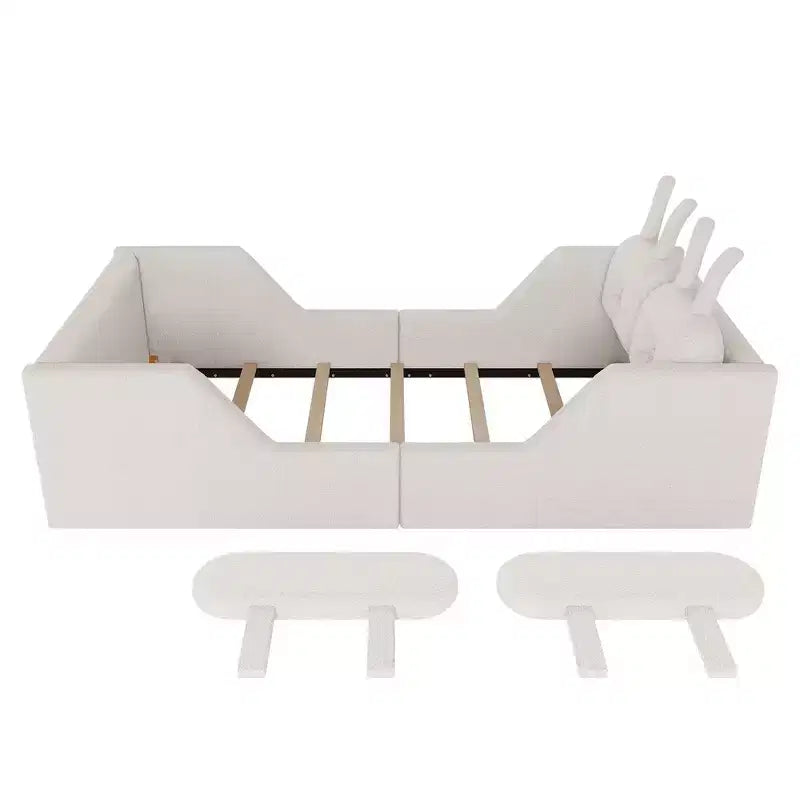 Letto a piattaforma singolo Whisen, struttura imbottita per letto a terra per bambini con cuscino a forma di coniglio e sponde laterali rimovibili