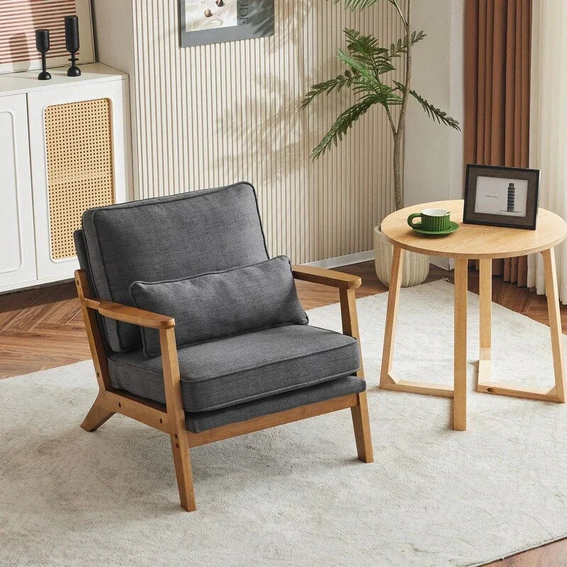 Poltrona d’accento imbottita in misto lino con gambe in legno e un cuscino, beige