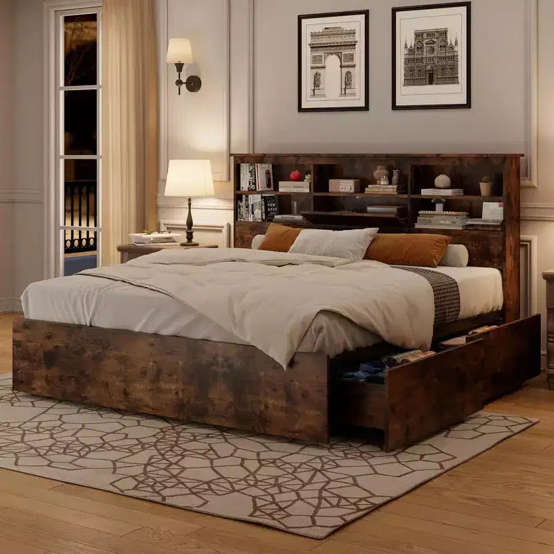Eenpersoonsbedframe met opberghoofdbord, houten bedframe met 4 laden, boekenkast voor opbergruimte en kingsize platformbed met stevige metalen ondersteuning