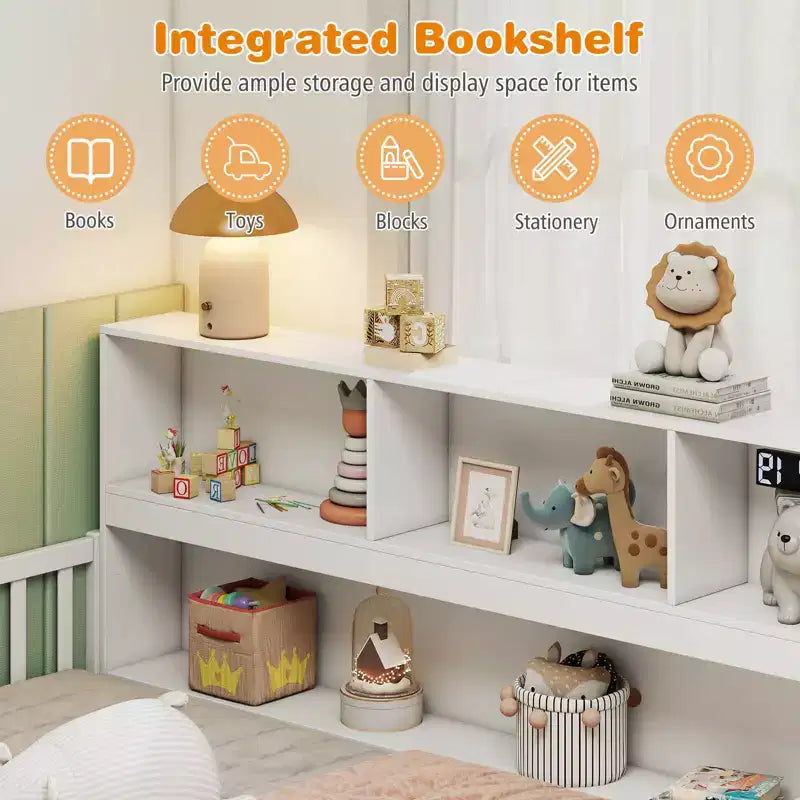 Letto a pavimento Montessori Twin/Full con libreria, ripiani contenitore e sponde di sicurezza, bianco/grigio