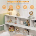 Letto a pavimento Montessori Twin/Full con libreria, ripiani contenitore e sponde di sicurezza, bianco/grigio