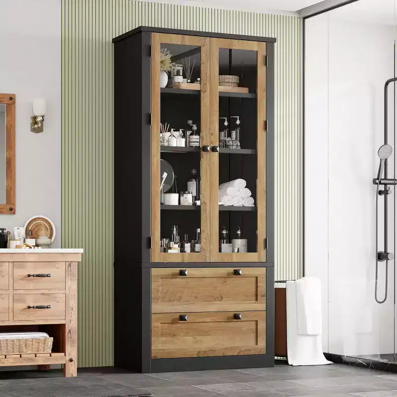 Dispensa da cucina in stile rustico con ante in vetro, mobile contenitore da 72 pollici con cassetti e ripiani regolabili per sala da pranzo, bagno e soggiorno