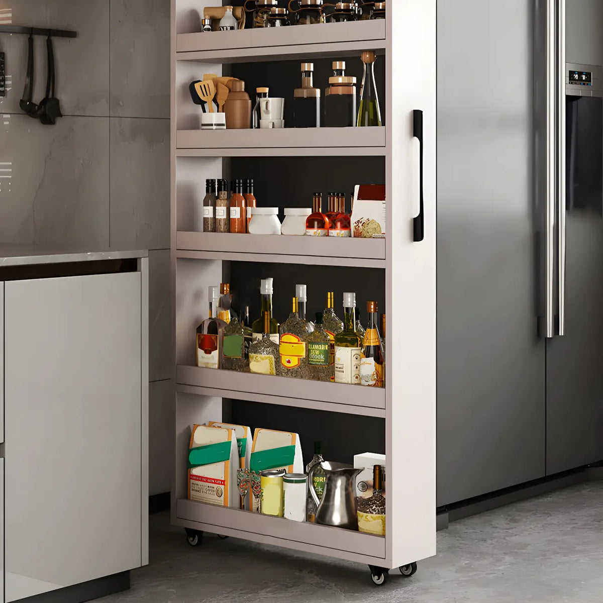 Modern Wooden Buffet Table with Open Shelves and Caster