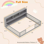 Letto a pavimento Montessori Twin/Full con libreria, ripiani contenitore e sponde di sicurezza, bianco/grigio