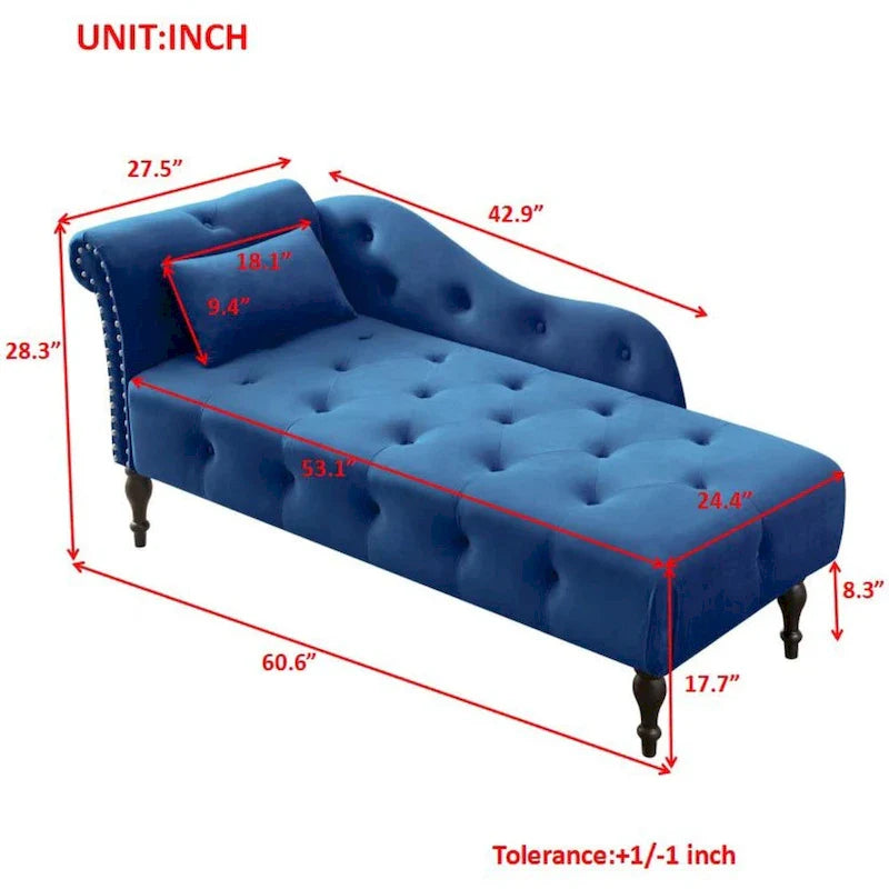 Chaise longue moderna da 60,6" in velluto con bottoni trapuntati, gambe in legno massello e borchie decorative