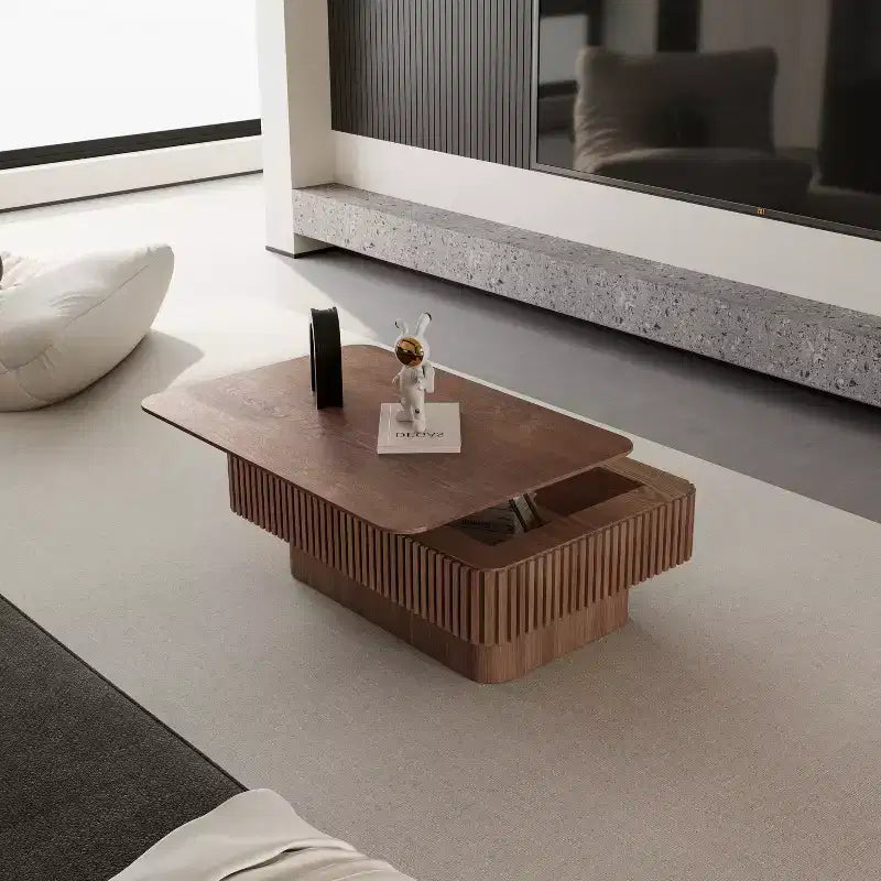 Tavolino da salotto JVNOXK da 38.6' con piano sollevabile scanalato e spazio contenitore, impiallacciatura in legno massello, altezza regolabile, tavolo moderno d'accento per soggiorno e camera da letto, noce