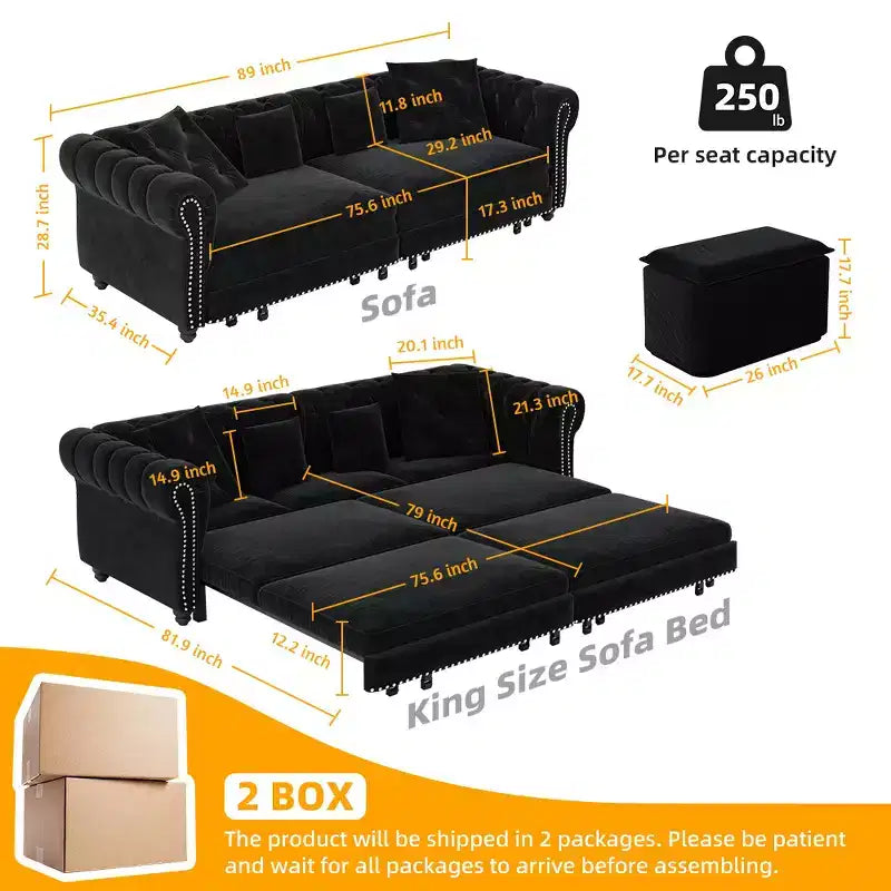 Canapé-lit escamotable et convertible Whisen en velours, format très grand lit, 3-en-1, avec ottoman amovible et design capitonné